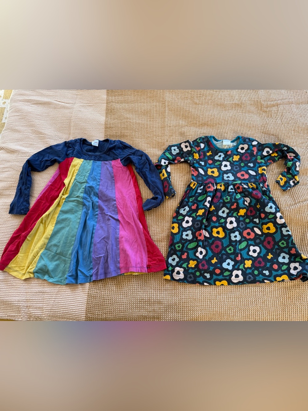 Girls' Multicolor Rainbow Stripe & Floral Knit Dresses Lot of 2, pockets!